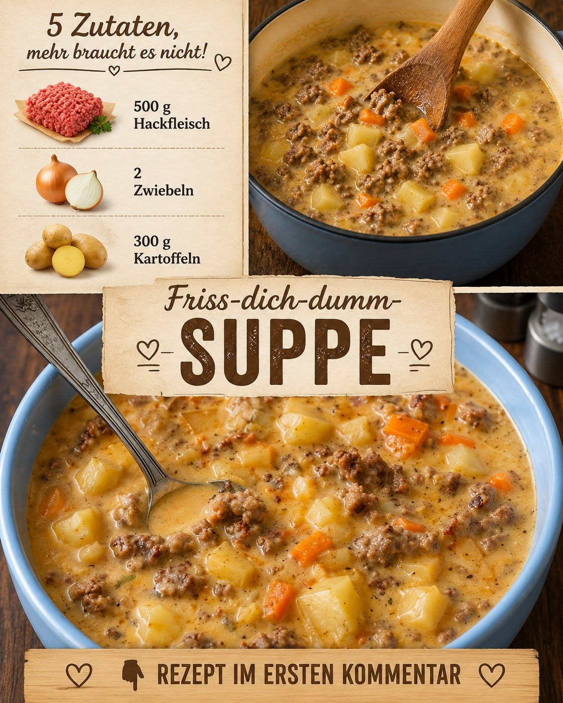 Sämige Suppe mit Hackfleisch, Kartoffeln und bunten Gemüsewürfeln