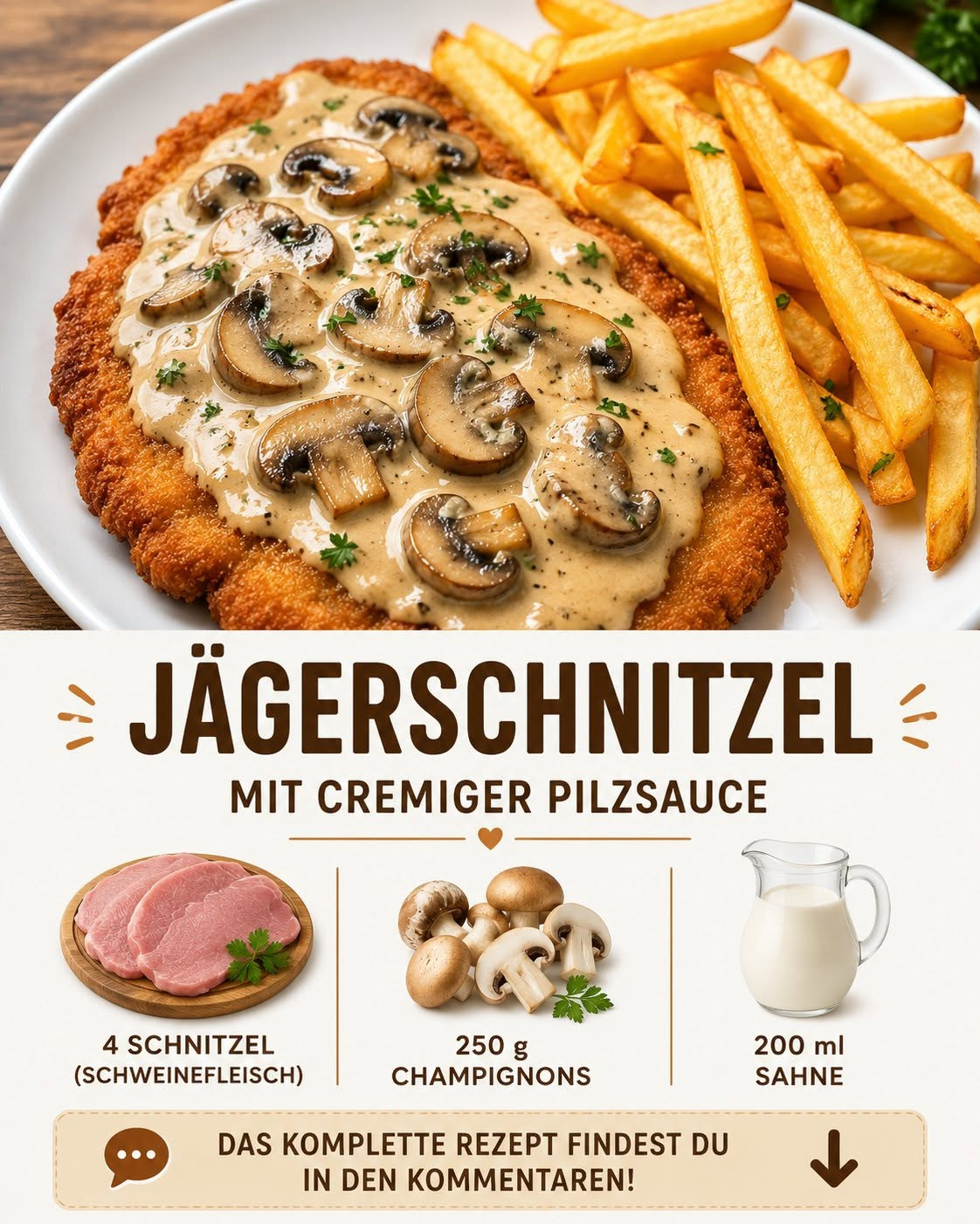 Paniertes Schnitzel mit Champignonrahmsauce und Pommes frites