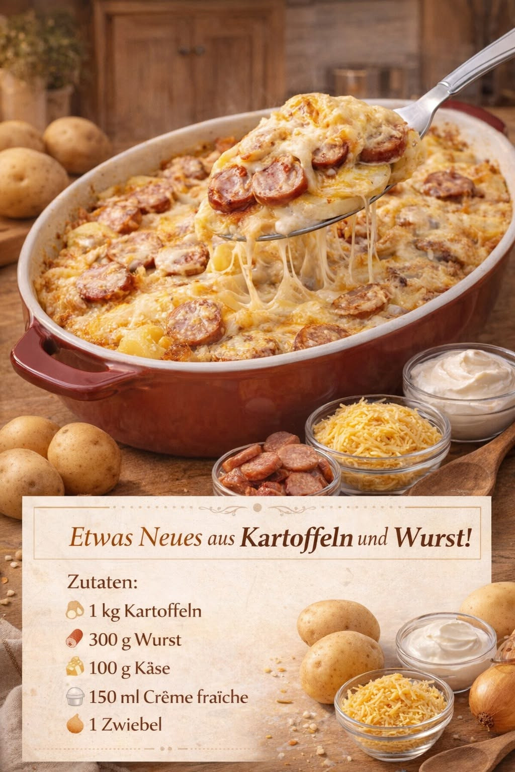 Kartoffelauflauf mit runden Wurstscheiben und geschmolzener Käsekruste