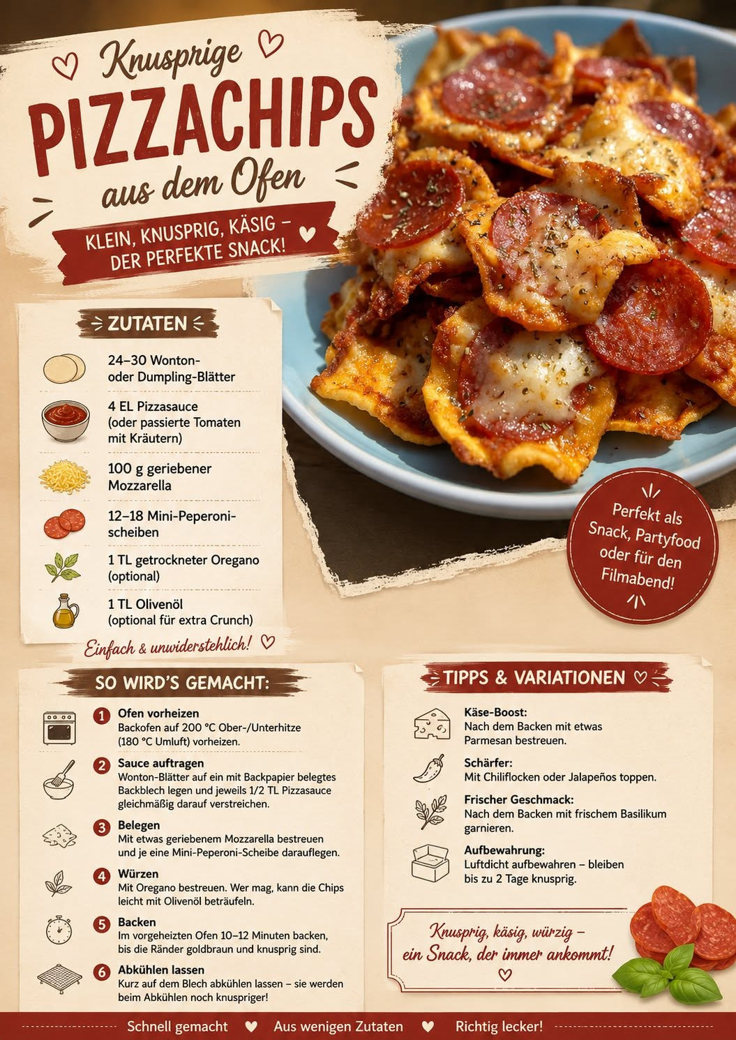 Kleine überbackene Pizzadreiecke mit Käse und Salamischeiben