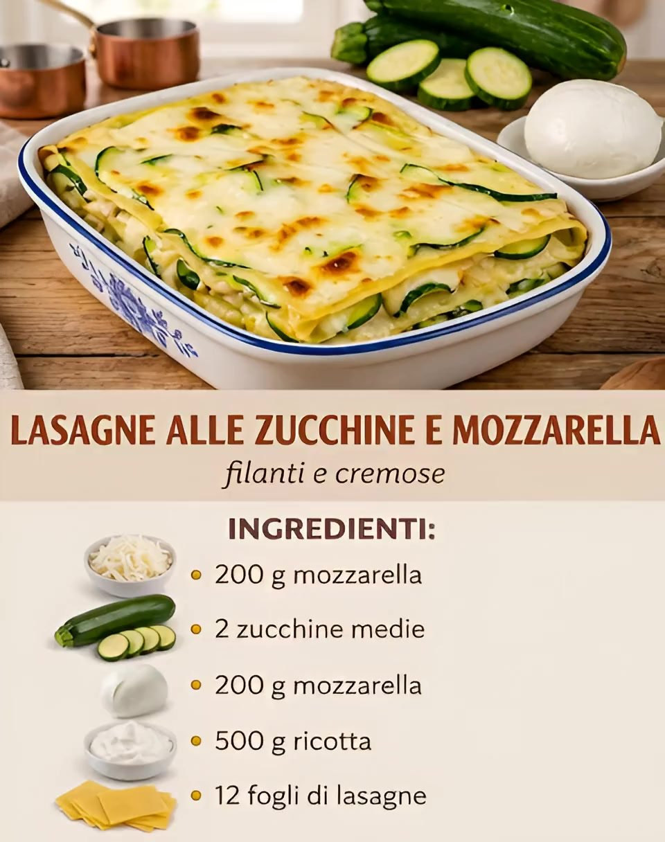 Lasagne bianche gratinate con fette di zucchina e mozzarella in una pirofila