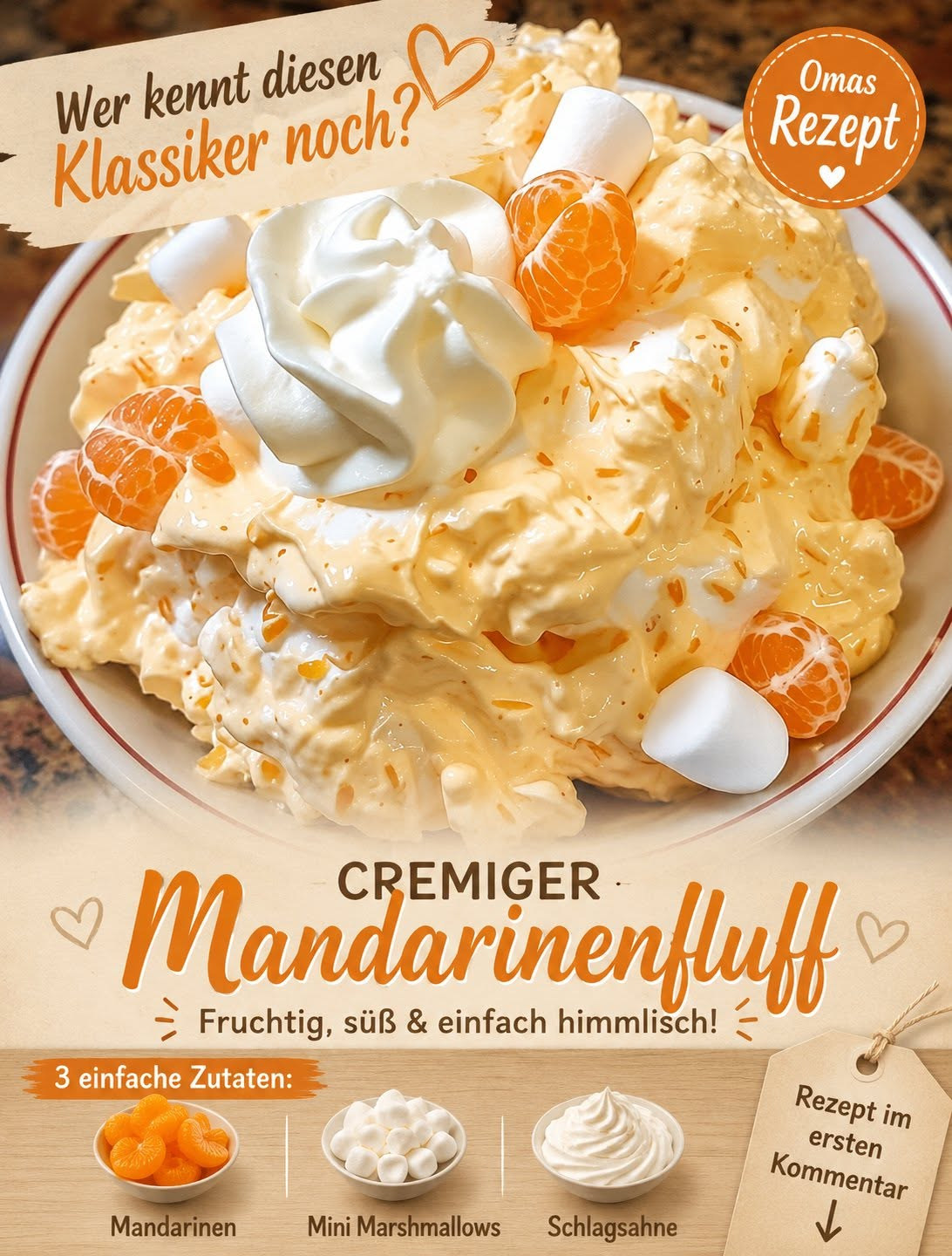 Helles Mandarinen-Dessert mit kleinen weißen Marshmallows und Sahnehaube