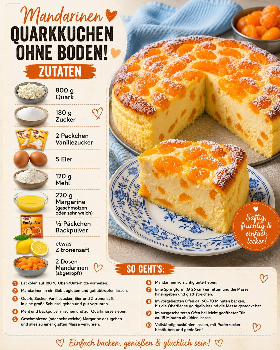 Hoher Quarkkuchen ohne Keksboden mit orangefarbenen Mandarinenstücken