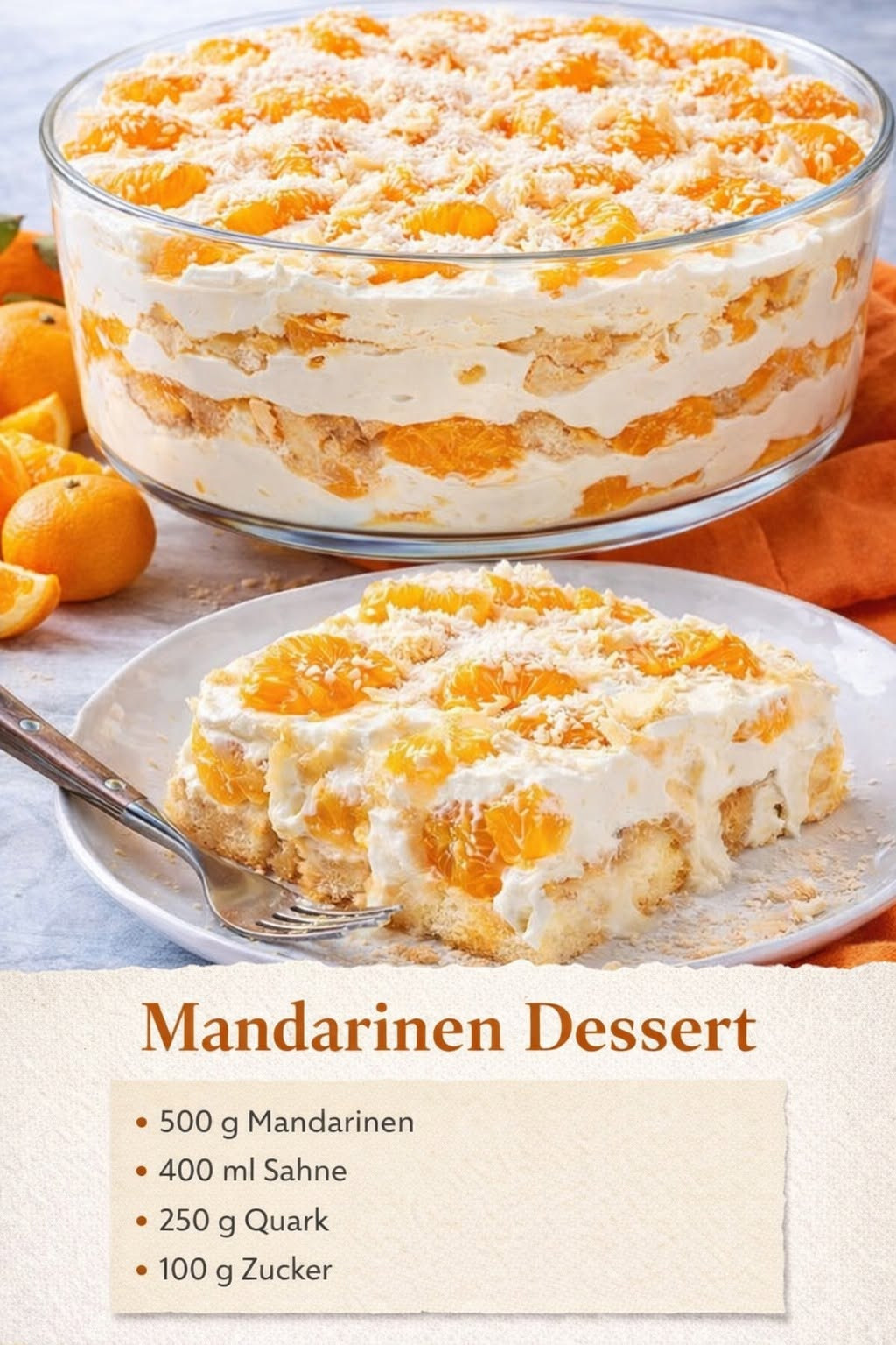 Geschichtetes Mandarinen-Dessert mit heller Creme und weißen Kokosraspeln