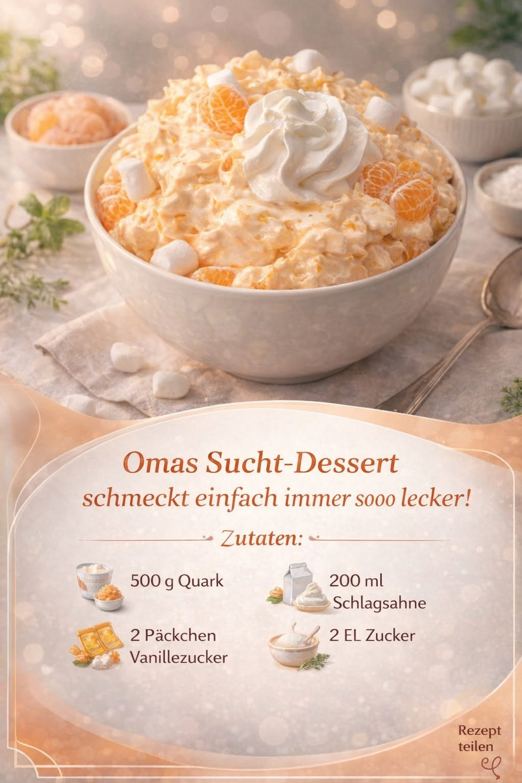 Helle Quarkcreme mit Mandarinenstücken und kleiner Sahnehaube