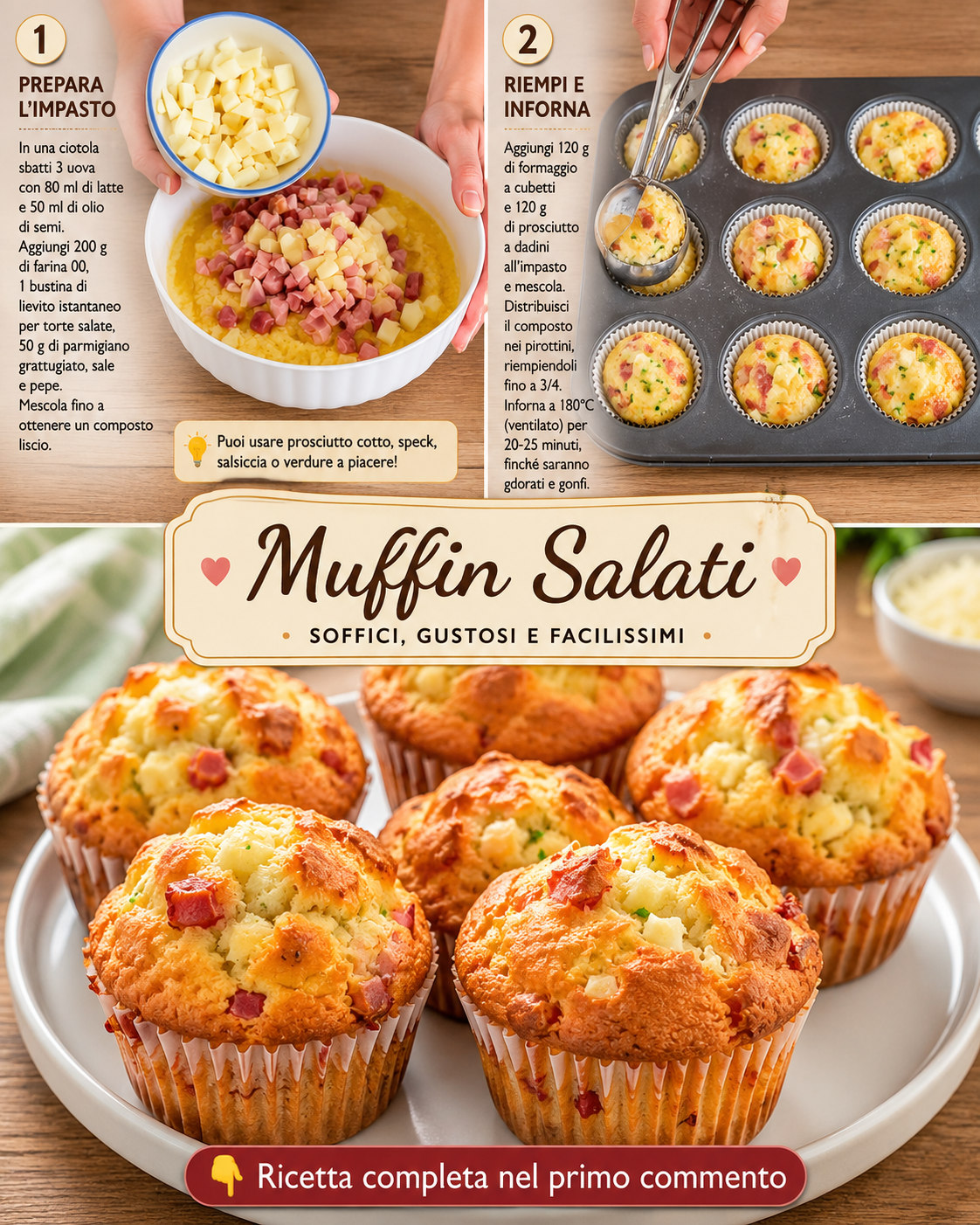 Muffin salati dorati con cubetti di formaggio e prosciutto