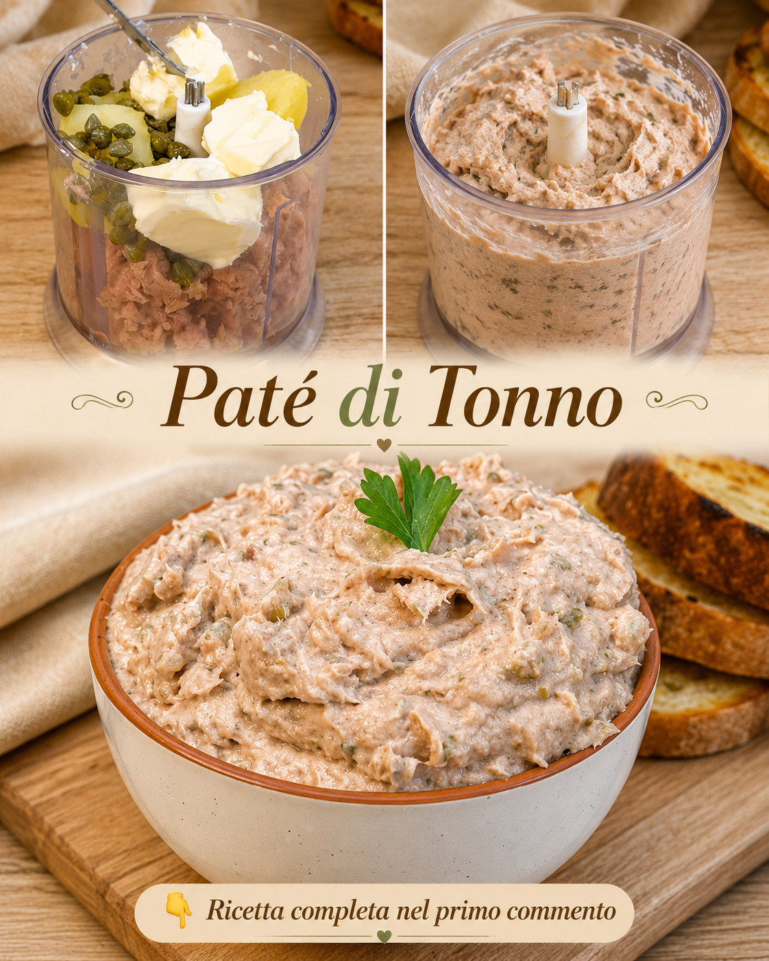 Crema di tonno in una ciotola, con pane tostato e prezzemolo