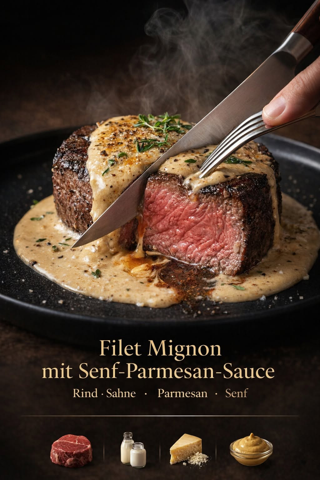 Aufgeschnittenes Rinderfilet mit rosa Mitte und heller Senf-Parmesan-Sauce