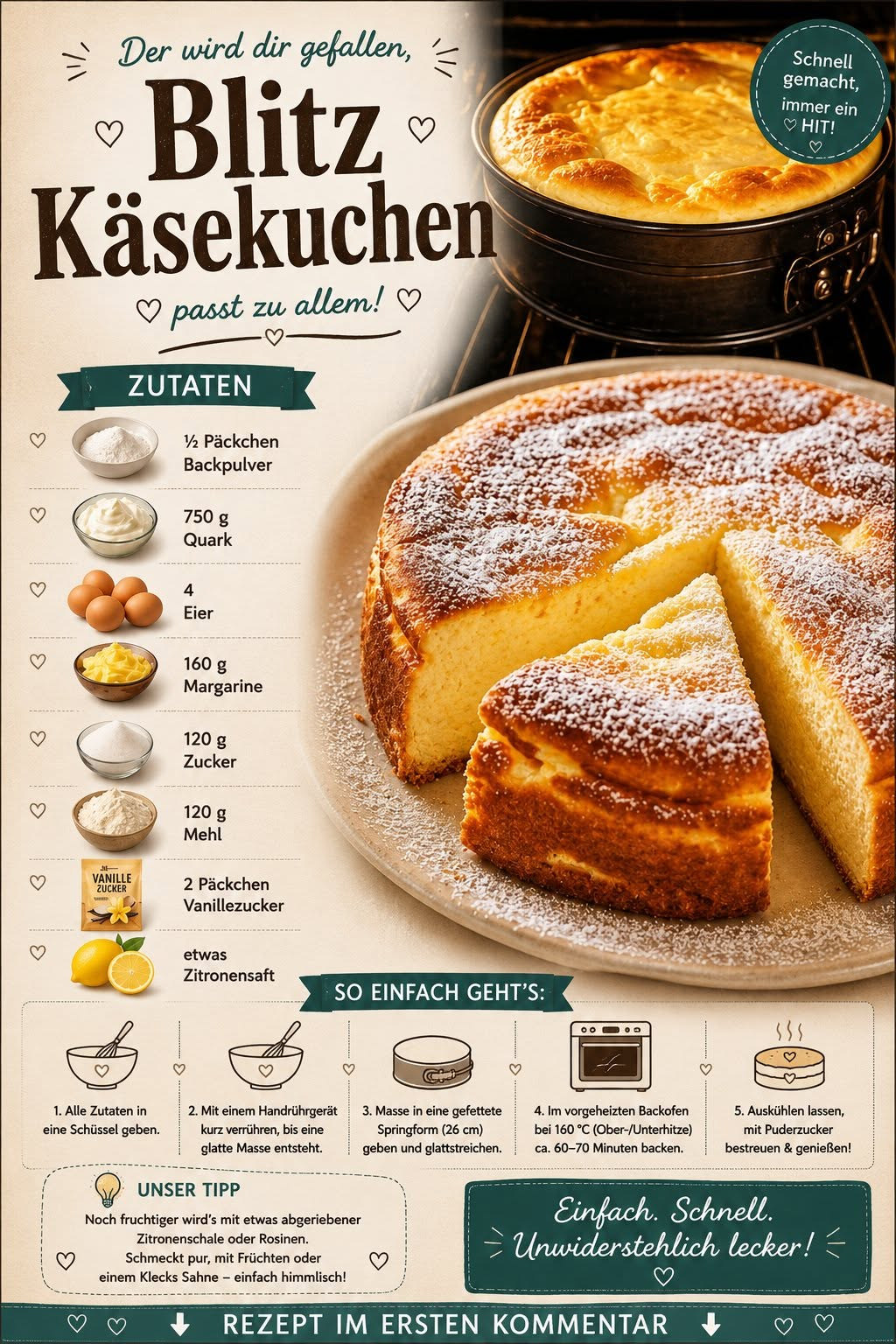 Goldbrauner runder Käsekuchen ohne sichtbaren Teigboden