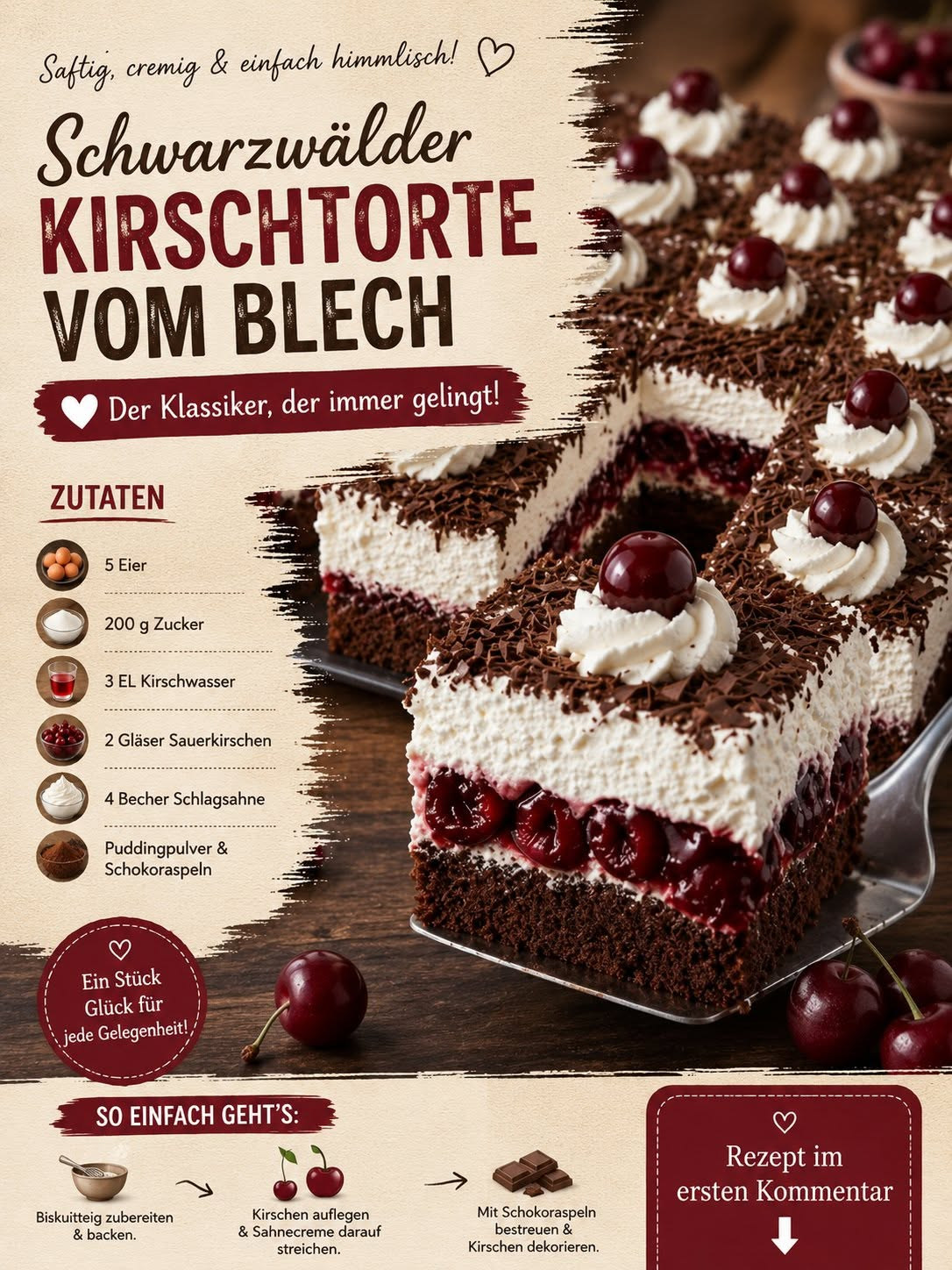 Rechteckiger dunkler Kirschkuchen mit Sahneschicht und Schokoladenraspeln