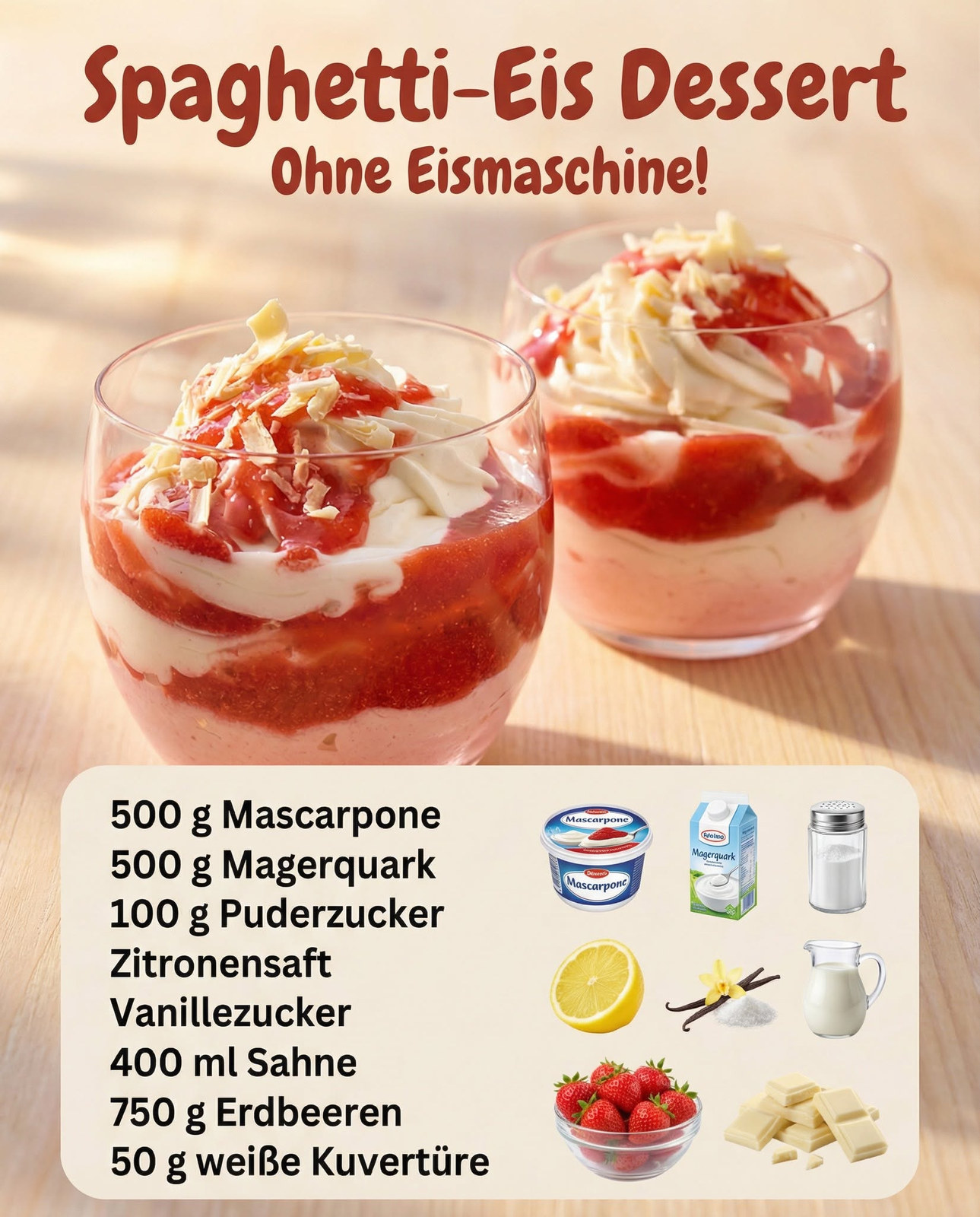 Gläser mit heller Creme, roter Erdbeersauce und weißen Schokoladenraspeln