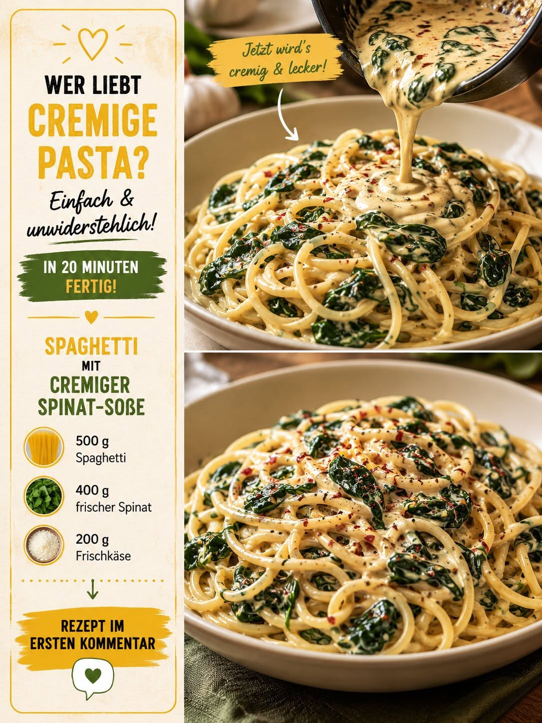 Spaghetti mit grünen Spinatblättern und cremiger heller Sauce