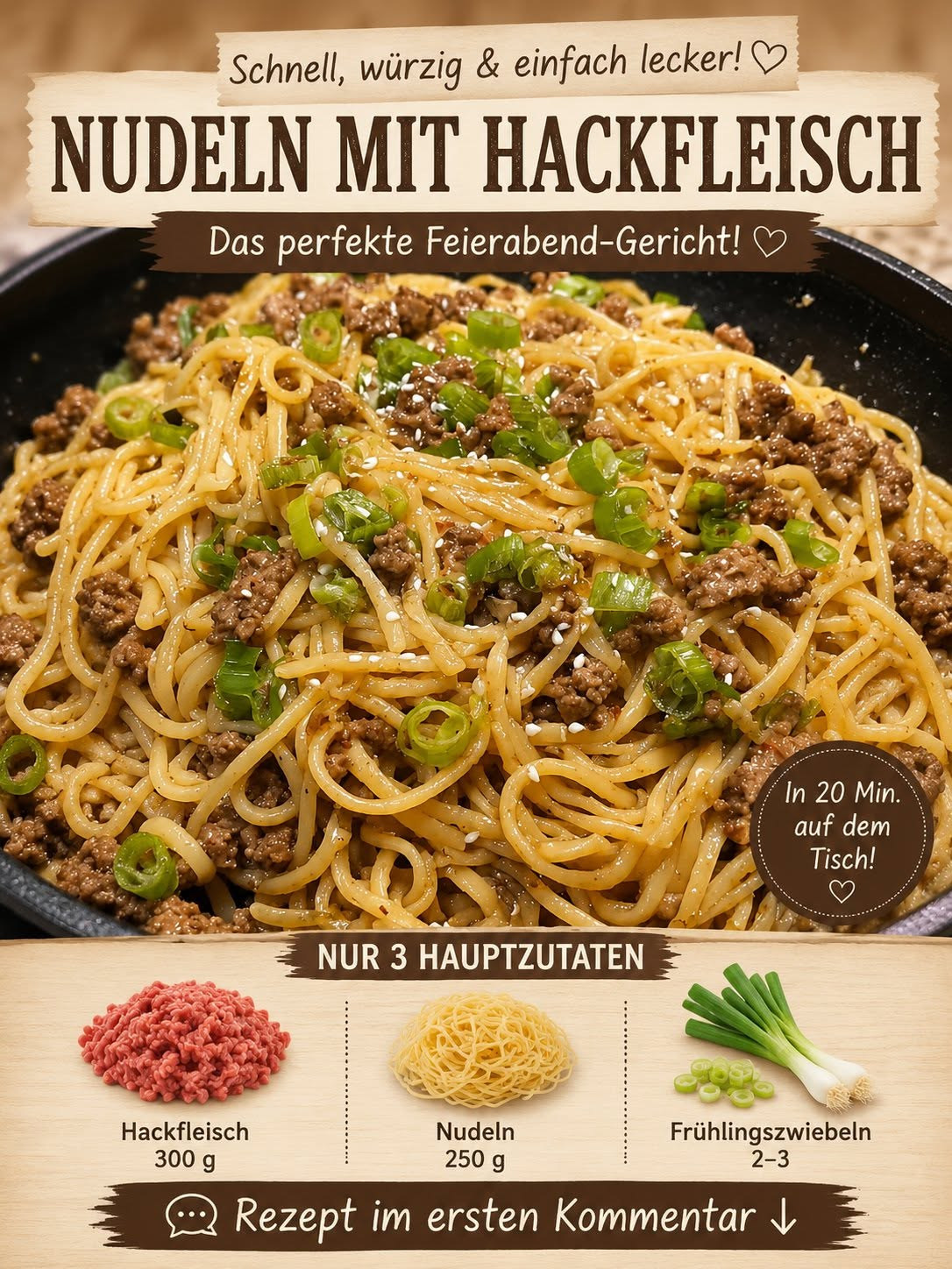 Spaghetti mit krümeligem Hackfleisch und grünen Frühlingszwiebelringen
