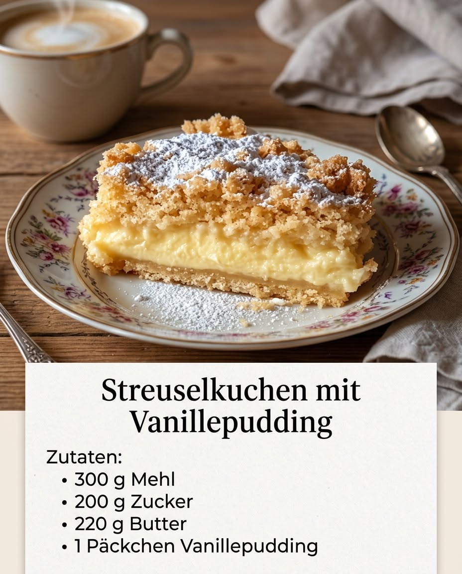 Stück Streuselkuchen mit dicker gelber Vanillepuddingschicht