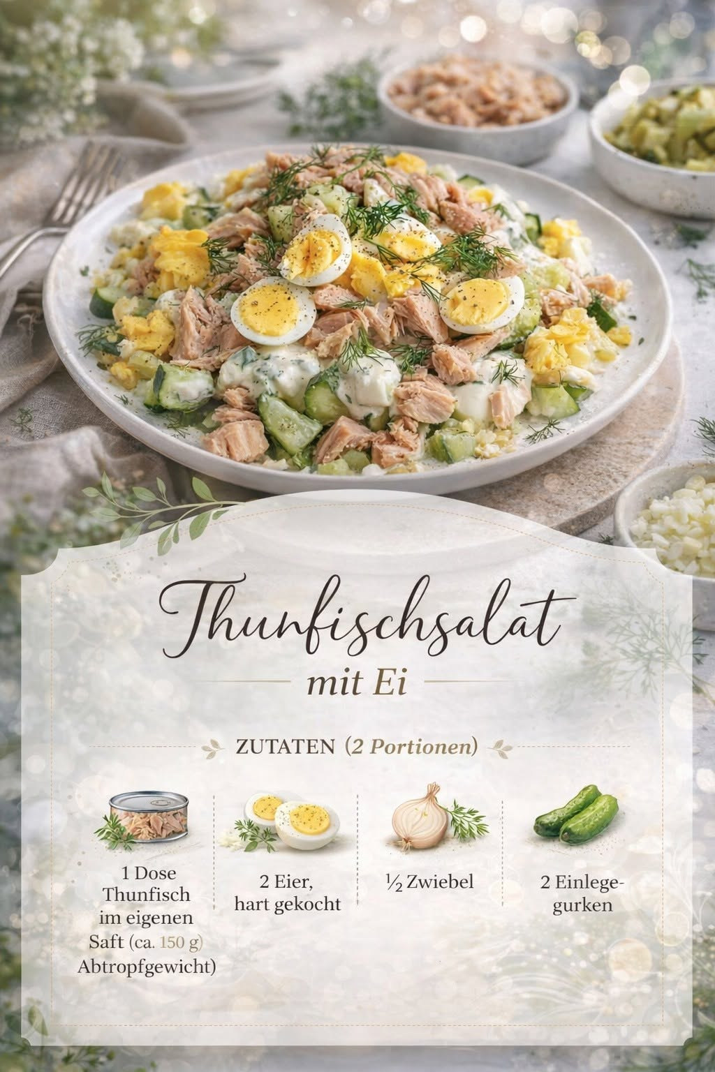 Cremiger Thunfischsalat mit Gurke, Mais und gekochten Eierspalten