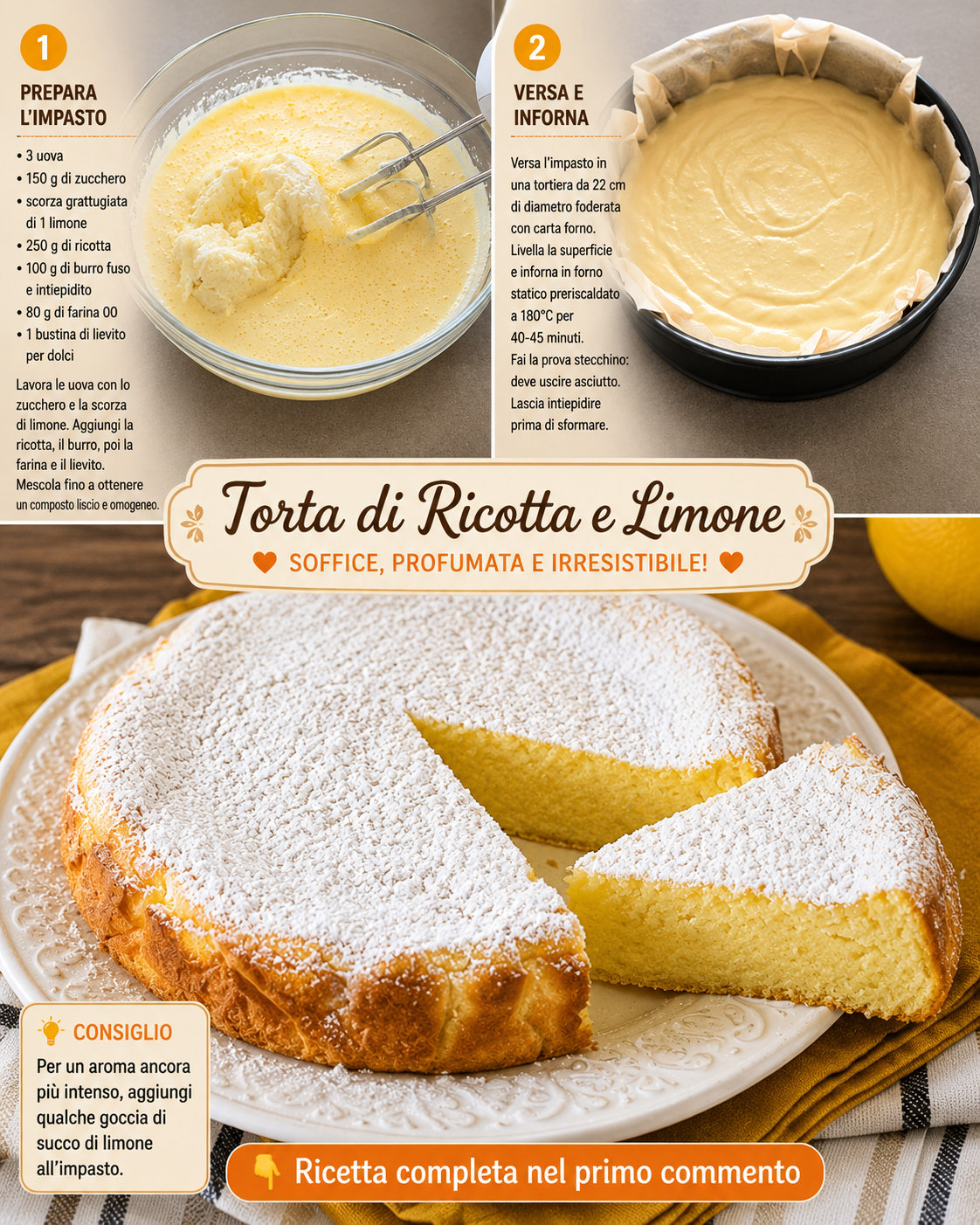 Torta rotonda di ricotta e limone con zucchero a velo e fetta chiara