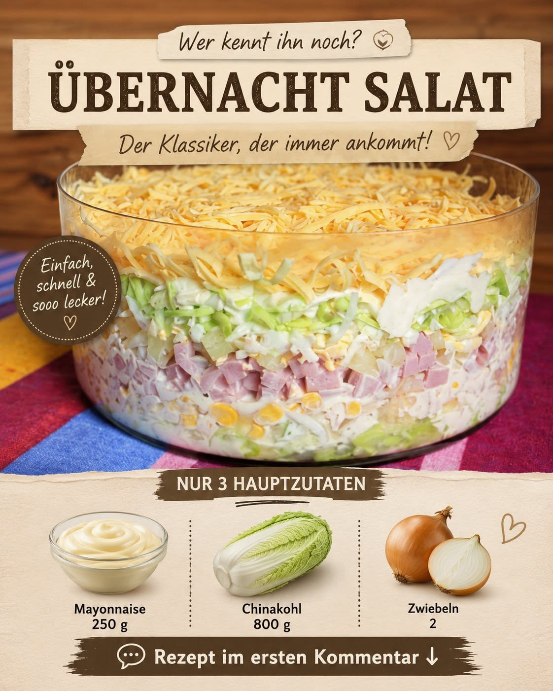 Hoher Schichtsalat in einer Glasschüssel mit Chinakohl, Mais, Schinken und Käse
