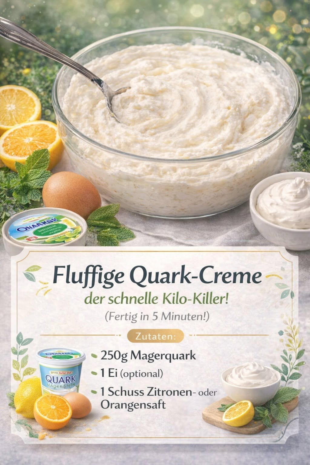 Helle aufgeschlagene Quarkcreme mit sichtbaren feinen Zitronenstückchen