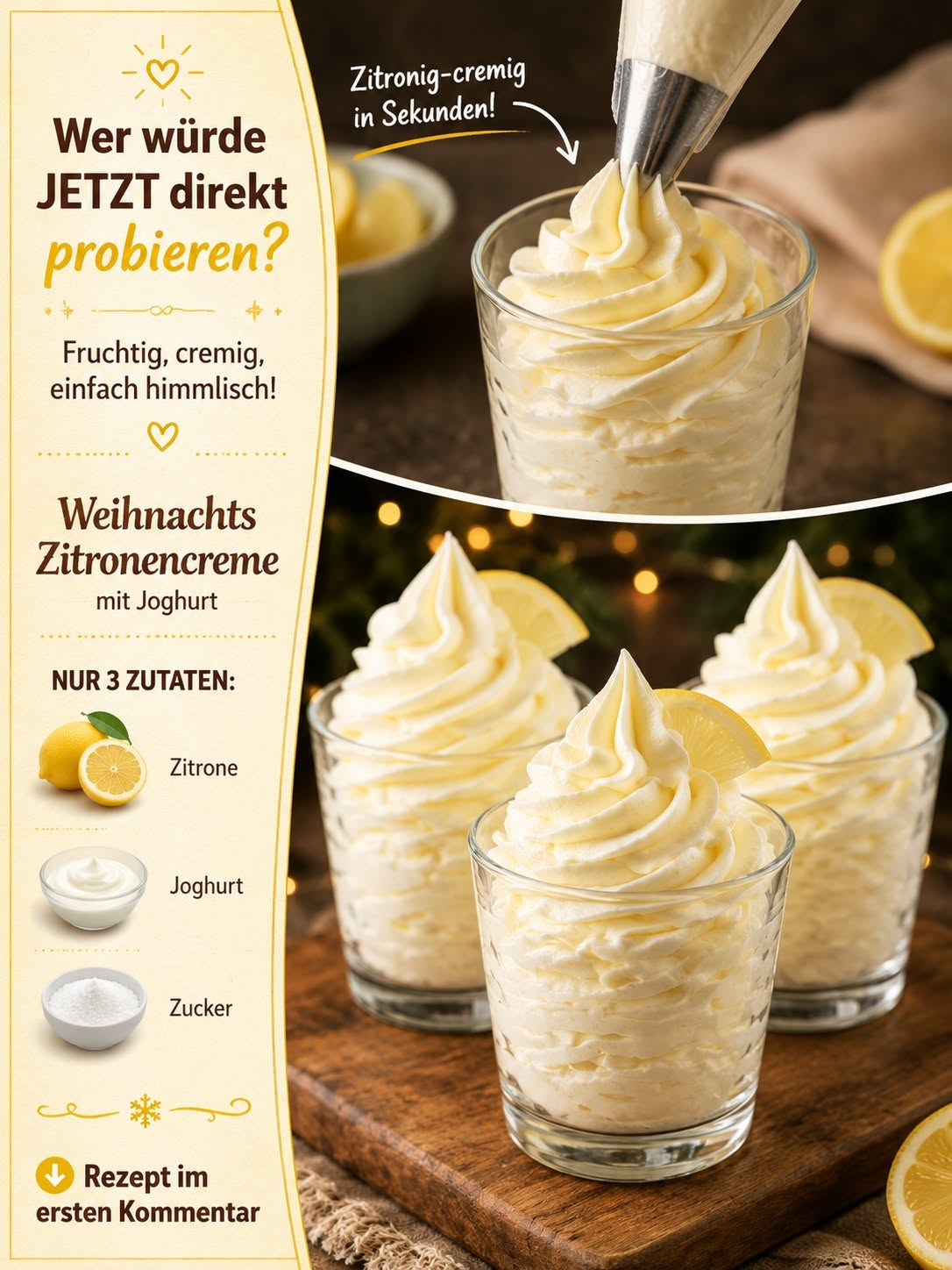Helle Zitronen-Joghurtcreme in Gläsern mit aufgespritzten Spitzen