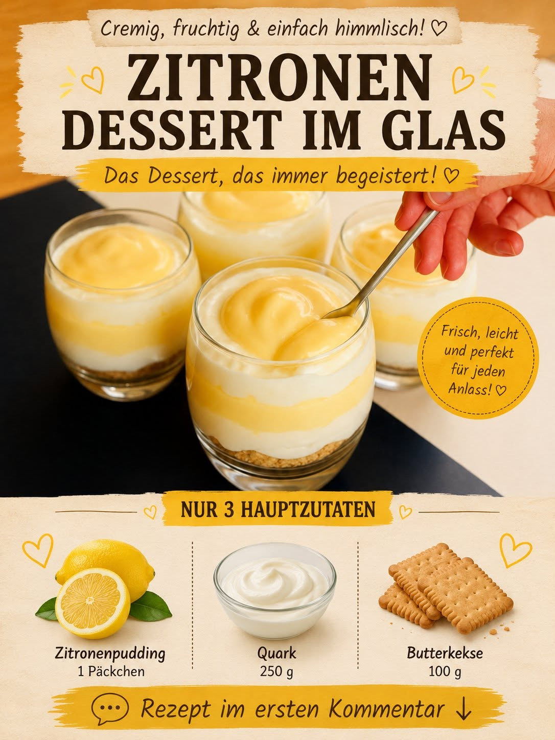 Gläser mit gelber Zitronencreme und einer Schicht Keksbrösel